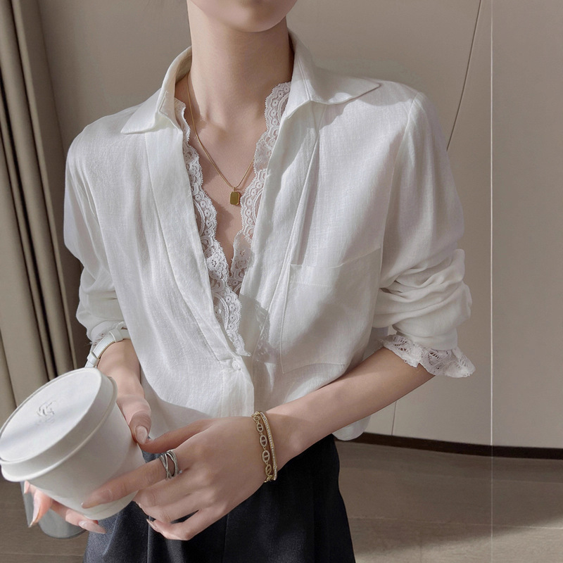 Designed White V Neck Lace Splicing Long-Sleeved Shirt for Women Autum 2025 New Age-Reducing Fashion High-End Top
