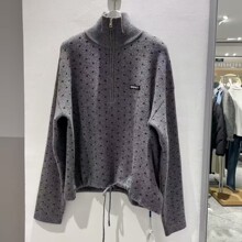 现货2025春季新款宽松休闲复古翻半拉链高领波点针织衫 4GA131411