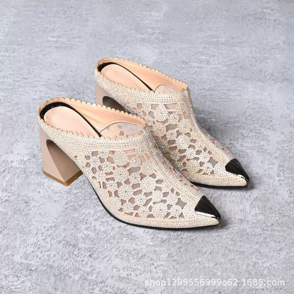 2025夏新款凉鞋女粗跟透气高跟镂空网纱凉鞋水钻性感尖头舒适半拖