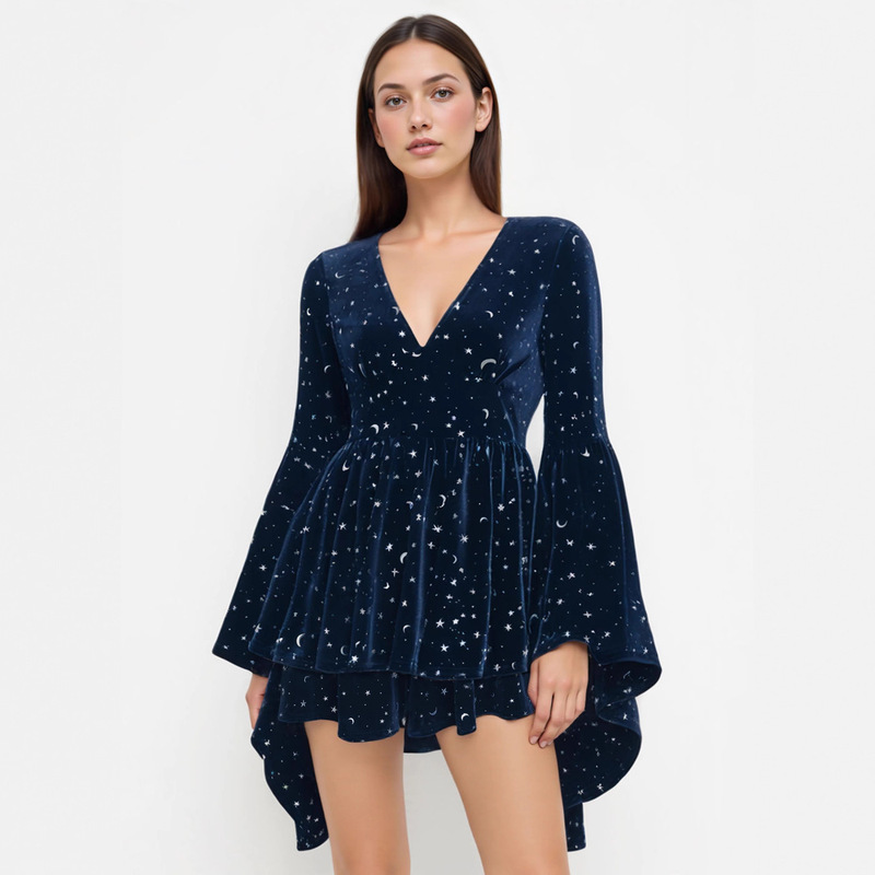 In-Stock Cross-Border Amazon Best-Selling Fashion European and American Women's Clothing Star Print V-Neck Long-Sleeve Dress Christmas Dress In-Stock Cross-Border Amazon Best-Selling Fashion European and American Women's Clothing Star Print V-Neck Long-Sleeve Dress Christmas Dress