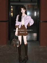 秋装新款法式赫本设计感短款外套别致复古英伦短裙套装紫色外套