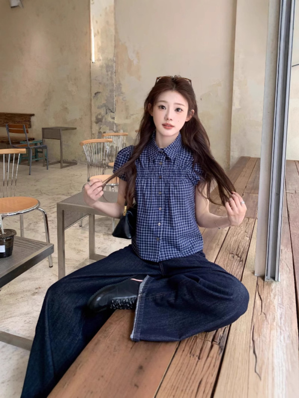 日本のチェック柄半袖シャツ女性の夏のレトロなポロカラーベビードールシャツスリムショートパフスリーブシャツトップ|undefined