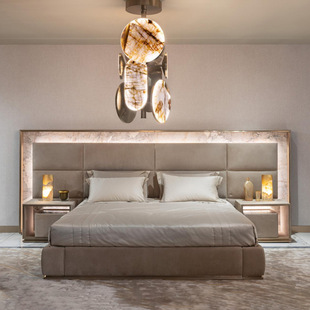Italian-Style Light Luxury Top-Layer Cowhide Genuine Leather Bed Visionnaire Wide-Screen Master Bedroom Double Bed Designer Model