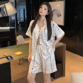 批发冰雪丝两件套 短袖开衫衬衫领V领短裤家居服夏季水滴条 包邮