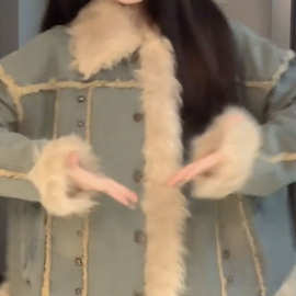 美式复古羊羔毛拼接牛仔外套女冬季设计感小香风夹棉加厚棉衣棉服