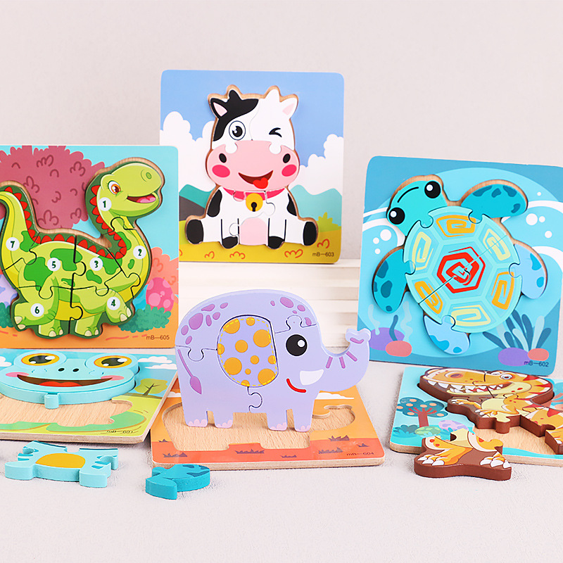 儿童木质3D立体拼图宝宝益智早教卡通动物卡扣手抓板拼板积木玩具