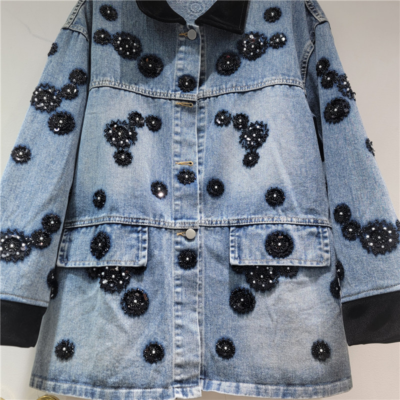 Colar de terciopelo de color de contraste pesado con chaqueta de vaqueros de diamante para mujeres 2026 nuevo suelto delgado retro hacer vieja camisa de manga larga