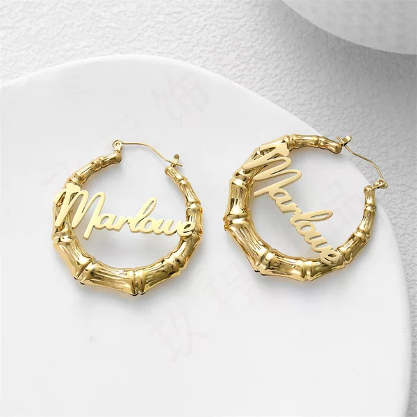 [One Piece Customized] Fashionable Women's Round Letter Stainless Steel Bamboo Earrings Electroplated 18K Gold Name Earrings