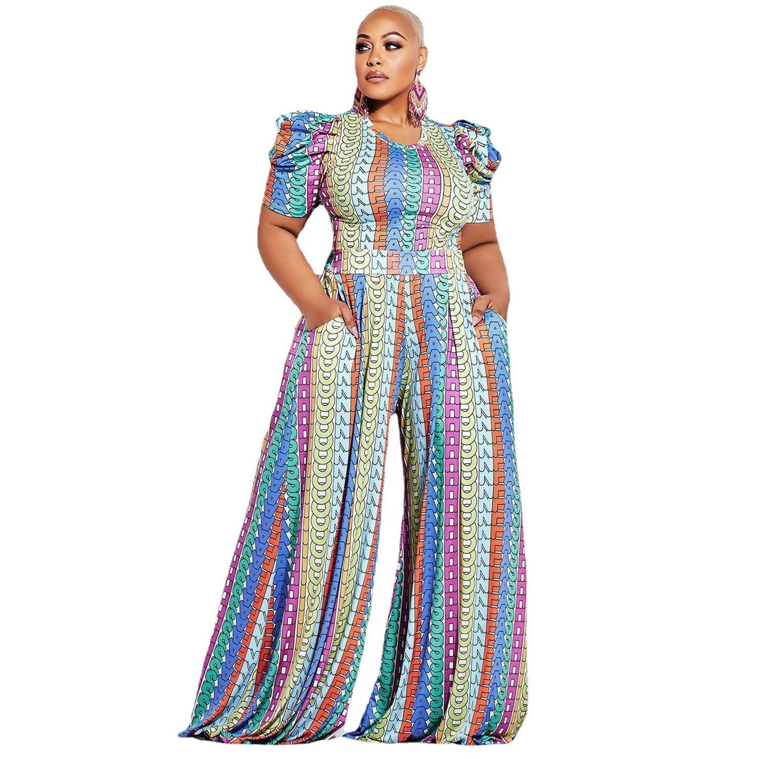 plus size color printing round neck short sleeve top and wide leg pants two-piece set NSWNY128087