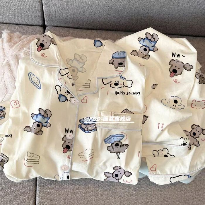 Comercio exterior transfronterizo al por mayor pantalones cortos de mangas cortas nubes pijamas de algodón de verano cardigan con solapa dibujos animados en línea set de ropa para el hogar