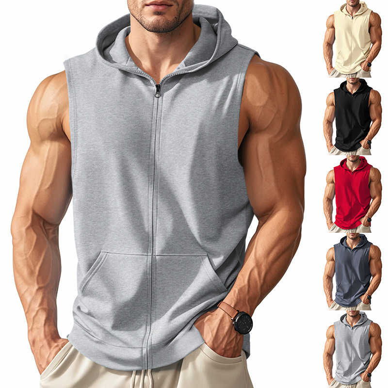 2025 Cross-Border American Summer New Hooded Vest Type Men's Sports Fitness Training Zipper Cardigan Sleeveless Vest