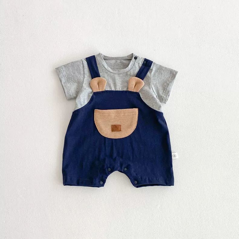 ベビー男の子ジャンプスーツ、クマフェイクツーピース半袖夏ロンパース、ベビーお出かけ服、ポケット、おしゃれなお尻カバー|undefined