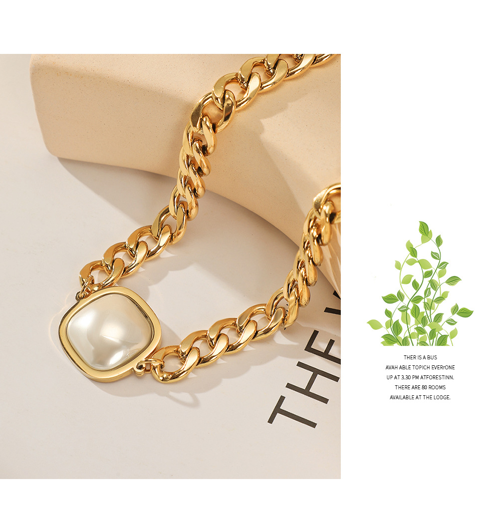 Hip-Hop Square Stainless Steel Gold Plated Artificial Pearls Necklace