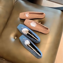 羊皮版~苏茵茵同款嘉伯公主水钻字母方头蝴蝶结平底单鞋女芭蕾鞋