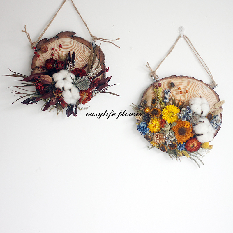Handmade DIY Material Bag Wood Pieces Floriculture Soft Decorations Dried Flowers Round Dried Flowers Hanging Painting Door Plate Coffee Shop Wall Hanging