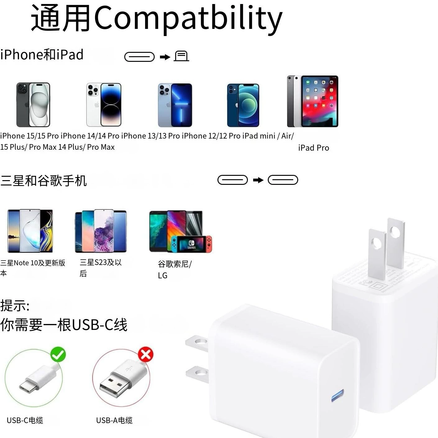 Зарядное устройство с быстрой зарядкой 20W PD 3.0, подходит для iPhone16/15/14/13/12/11, iPad, Samsung