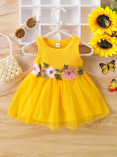 INS Baby and Toddler Girls Summer Sleeveless Waist Embellished with Flowers and Mesh Sweet Dress Trendy
