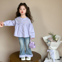女の子のスーツの子供の春の服の女の子の洋風のシャツのジーパンの2つのセットの2025新型の赤ちゃんの春の服