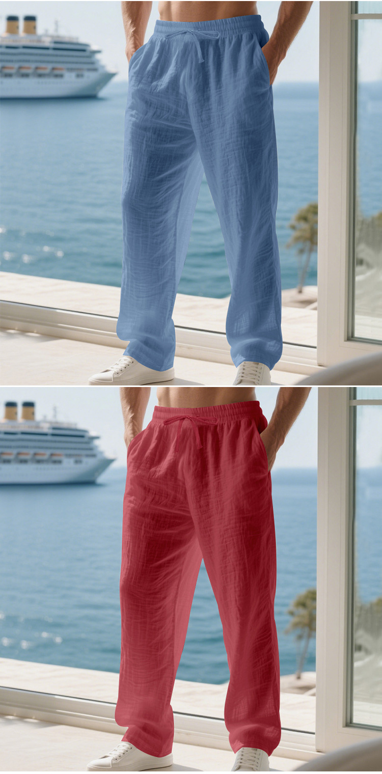 Men's Linen Casual Trousers Summer Loose Straight Leg Beach Pants Solid Color Breathable Resort Style Menswear_viptrois.com