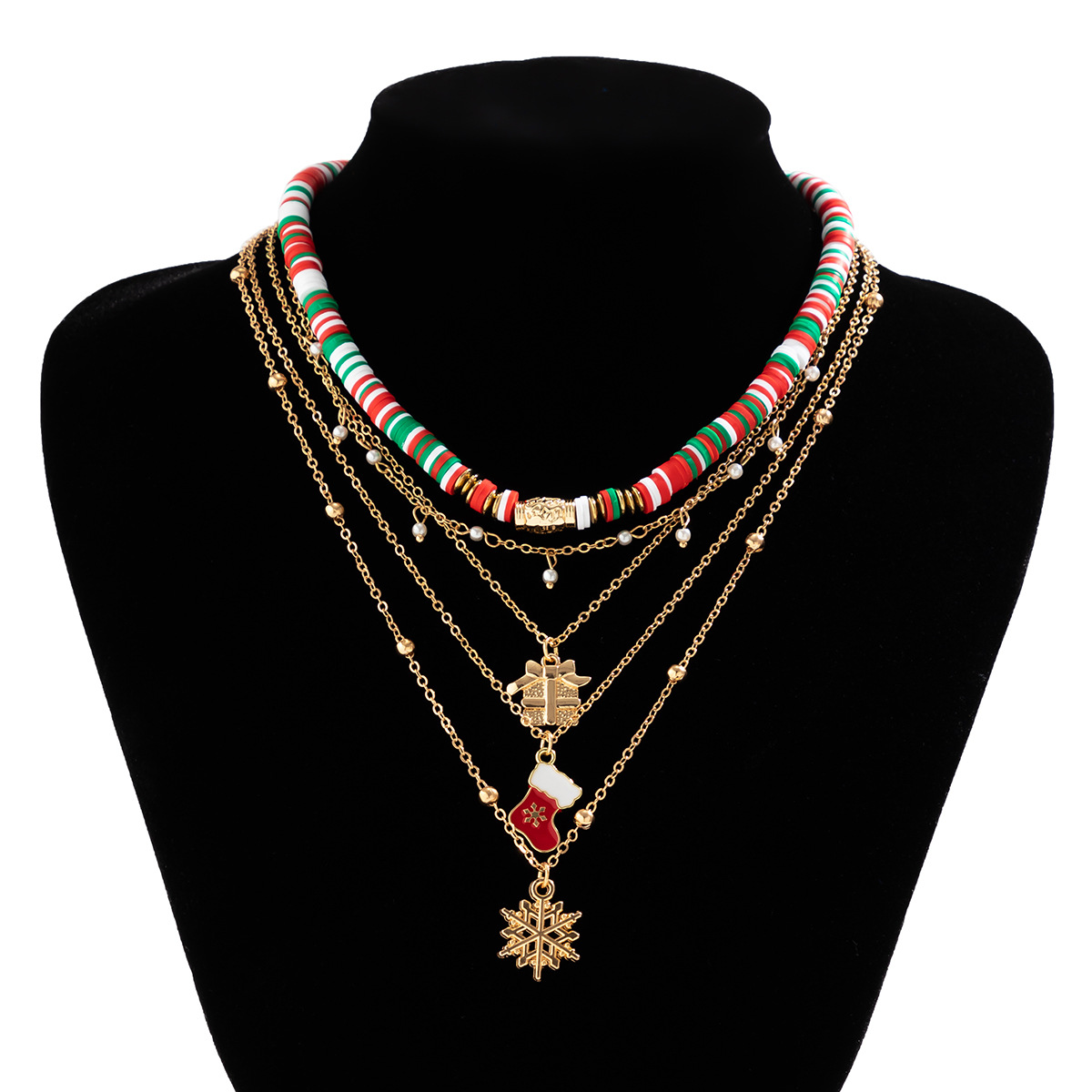 Christmas Beaded Choker Necklace With Crystal Snowman Charms_voghion.com