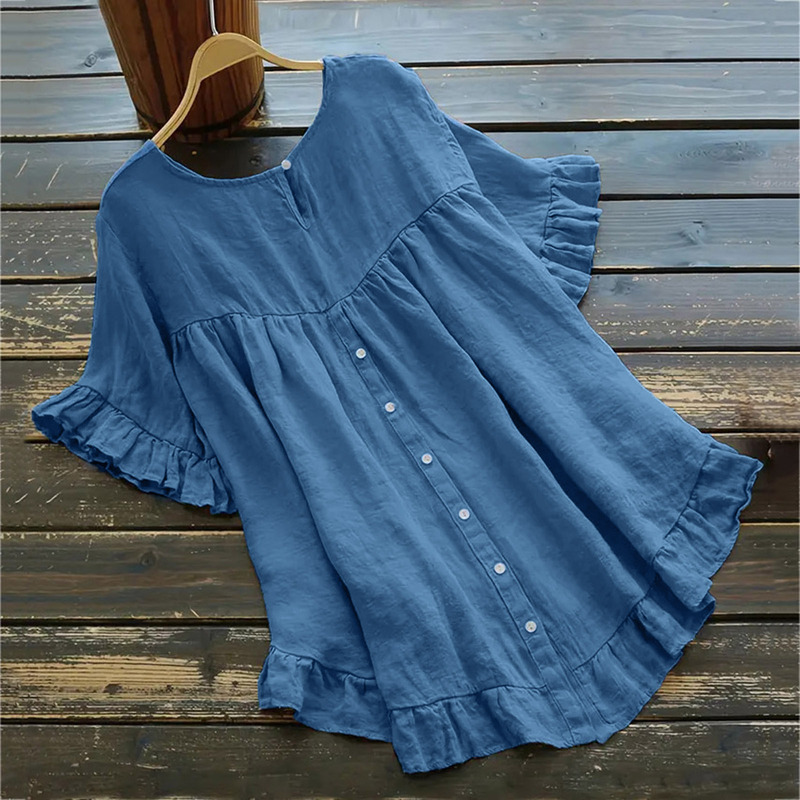 Cross-border 2024 Summer new cotton and linen solid color loose ruffled bottom cuff round neck short sleeve button women's shirt Cross-border 2024 Summer new cotton and linen solid color loose ruffled bottom cuff round neck short sleeve button women's shirt