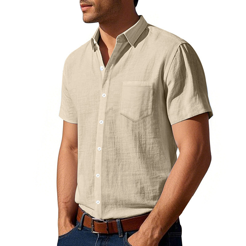 Chemise en lin uni neuve, manches courtes, col rabattu, coupe ample, décontractée, avec poches, style américain._voghion.com