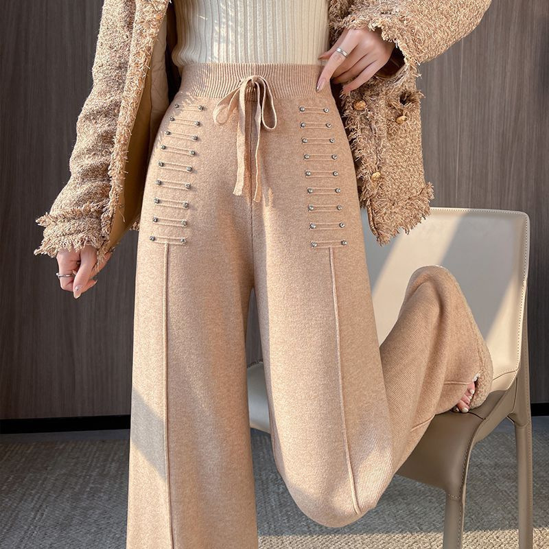 Knitted Wide-Leg Pants with Rhinestones, Palace Style, Women's 2025 Autumn and Winter New High-Waisted Casual Straight Drape Floor-Length Pants Knitted Wide-Leg Pants with Rhinestones, Palace Style, Women's 2025 Autumn and Winter New High-Waisted Casual Straight Drape Floor-Length Pants