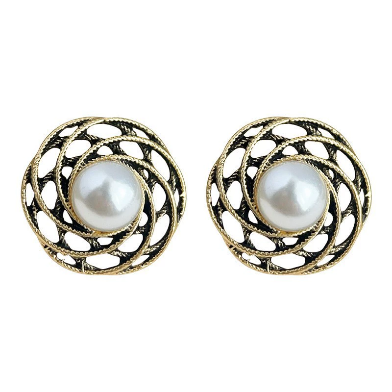Retro Pearl Earrings, 925 Silver Posts, Light Luxury Vintage Geometric Style