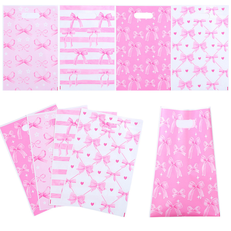 Gift Handbag Cross-Border Pink Bow Series Printed Plastic Flat Mouth Handbag Pearlescent Film Jewelry Bag