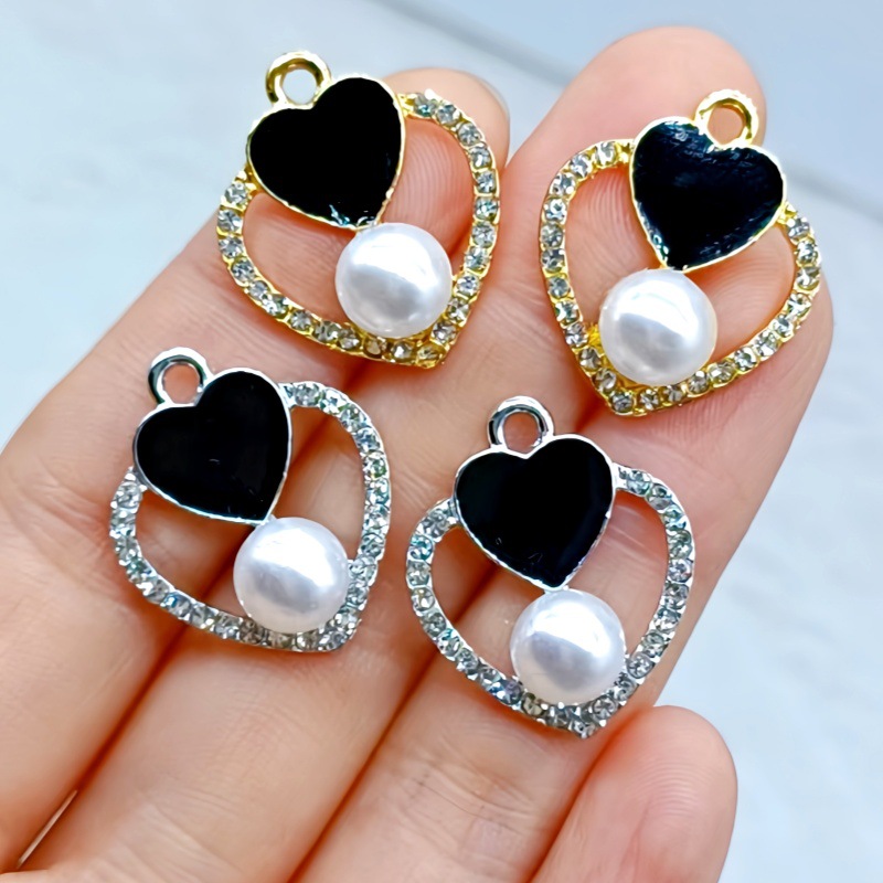 新款合金镶钻珍珠带吊心形吊坠滴油项链手链配件坠子桃心爱心挂坠