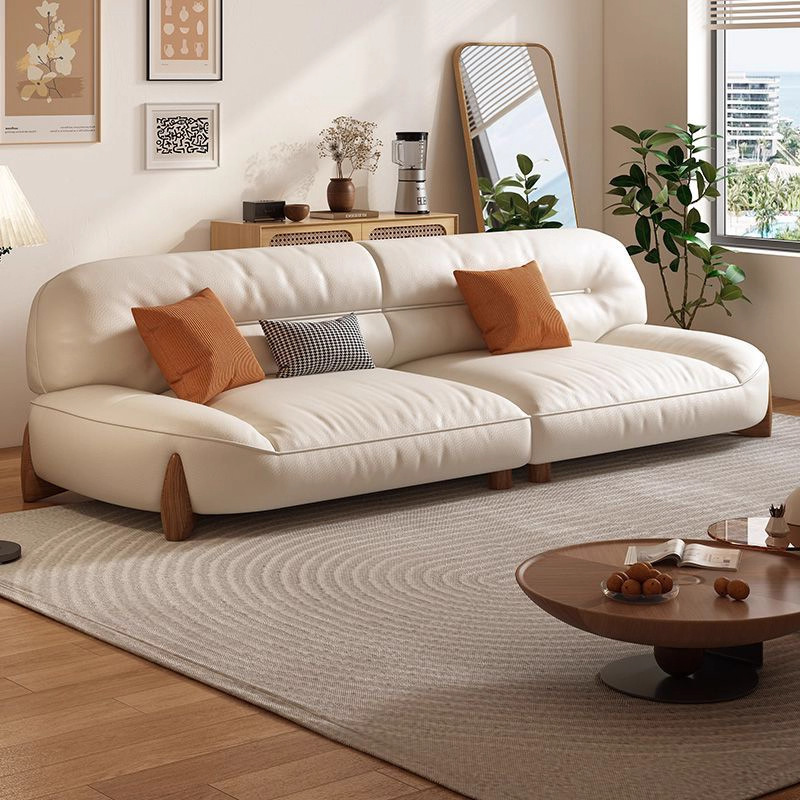 Modern Minimalist Genuine Leather Sofa, Cozy Living Room, Straight-Row Light Luxury High-End Small Yellow Cowhide Cloud Sofa with High Elasticity Seat Cushion