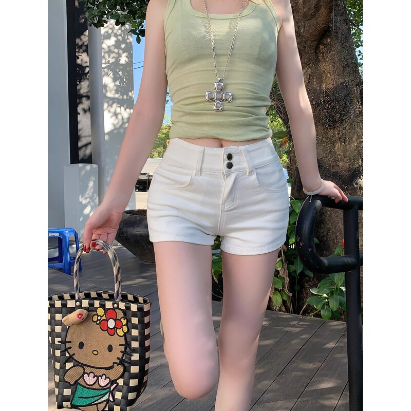 White Denim Shorts for Women, Summer Hot Girl Low-Rise Straight Skinny Ultra-Short Pants, Petite Height-Enhancing Versatile Hot Pants XS