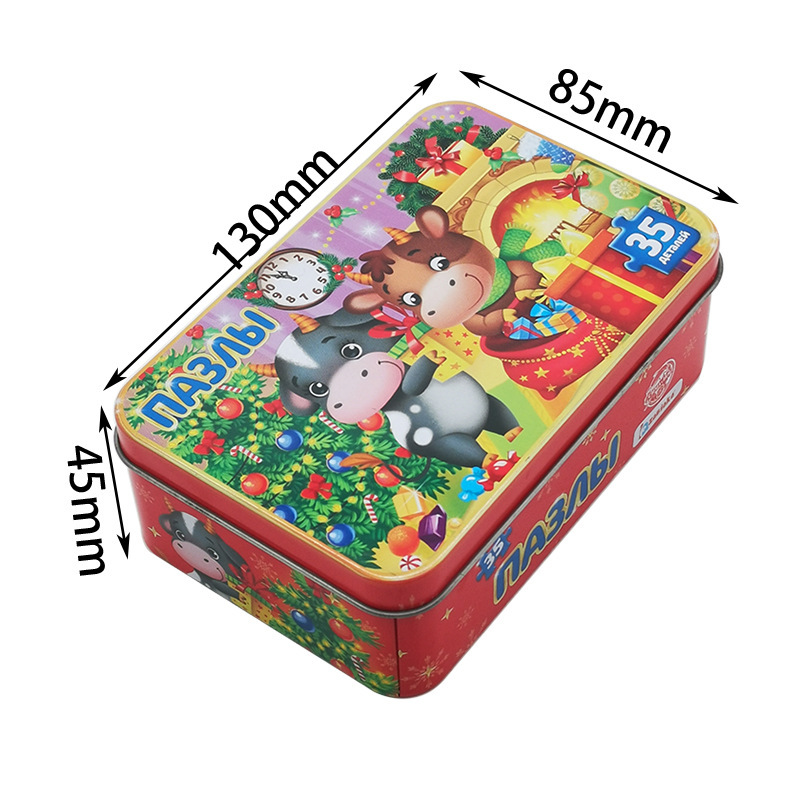 Customized Rectangular Iron Box Literacy Card Playing Card Packaging Box Cartoon Animation Flat Puzzle Kidsren's Early Education Puzzle