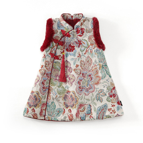 Thick national style 2025 girls 'cotton clothes New Year's clothes, cotton dress, red warm holiday children's dress