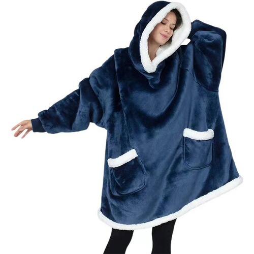 Women's Double Pockets Lazy Sleepwear Warm Coat with Lamb Wool TV Blanket Hugging Hooded Sweatshirt TV Manufacturer's Cold-Proof Clothing