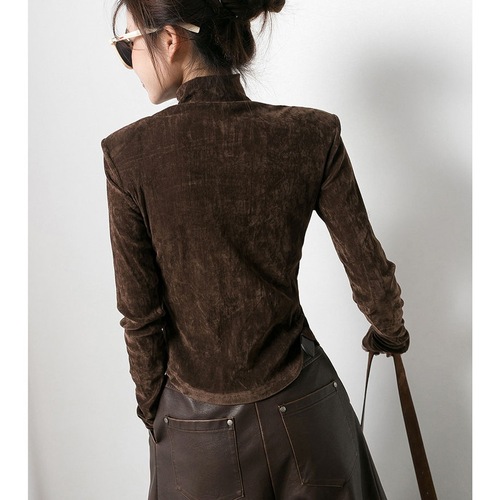 Chao Pa High-Low Collar Plush Blouse with Belted Slit, Coffee Brown, Women's Autumn Base Top