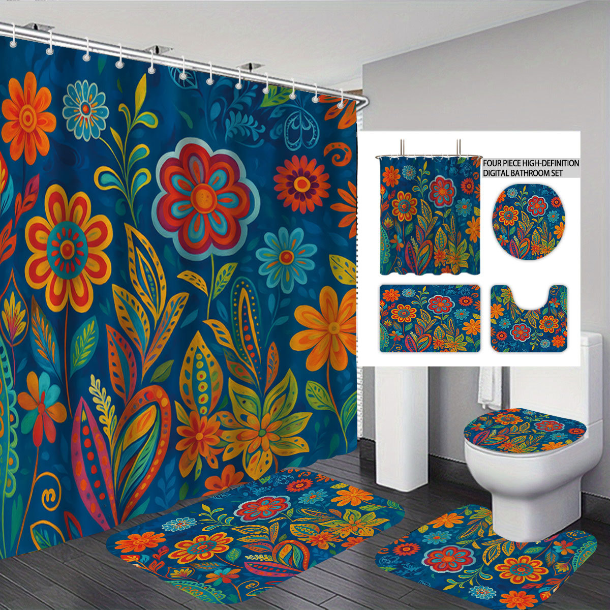 Cross-Border Dropshipping Waterproof Fabric Shower Curtain Floral Bathroom Partition Shower Water Barrier Curtain Bathroom Four-Piece Set No Drilling Required