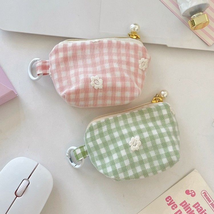 57294 Fresh plaid coin purse, mini portable lipstick pouch, cosmetic organizer, coin and earphone organizer.