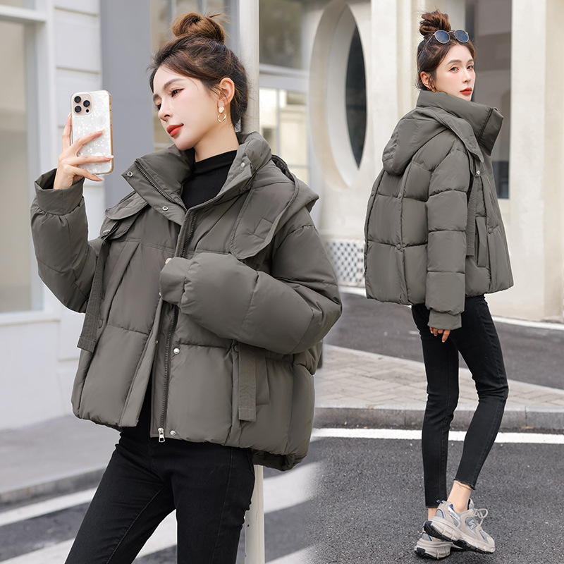 Corea del Sur Dongdamen ropa de algodón de pluma para mujeres corto 2025 invierno nuevo algodón delgado chaqueta con capuz transfronteriza