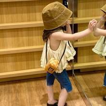 女童夏韩版棉麻宽松大摆木耳边吊带+薄款毛边牛仔7分裤套装分开拍