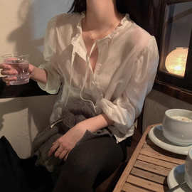 跨境 韩国chic早春新款温柔风甜美木耳边可叠搭百搭长袖衬衫上衣