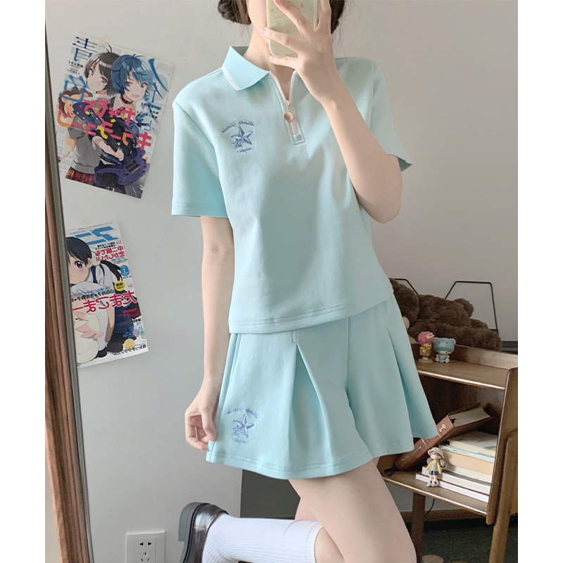 College Style Casual Sports Clothes Women's Suit Summer New Style POLO Collar Short-sleeved T-shirt Pants Skirt Girl's Two-piece Set College Style Casual Sports Clothes Women's Suit Summer New Style POLO Collar Short-sleeved T-shirt Pants Skirt Girl's Two-piece Set