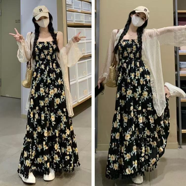 plus size Black Floral Sling dress suit Women's Summer chubby girl Holiday Sunscreen Cardigan Two-piece Set