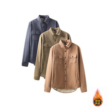 新款秋冬季加绒加厚衬衫男士跨境欧美多口袋翻领纯色保暖男士外套