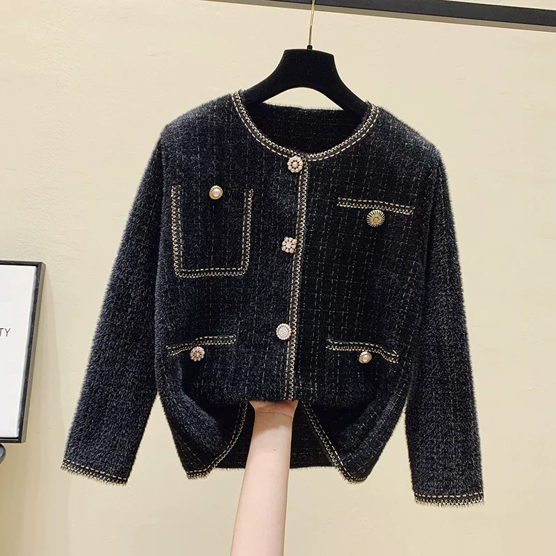 Вязаный кардиган (в стиле Chanel), велюровая фактура, свободный крой, демисезон, размеры M–L