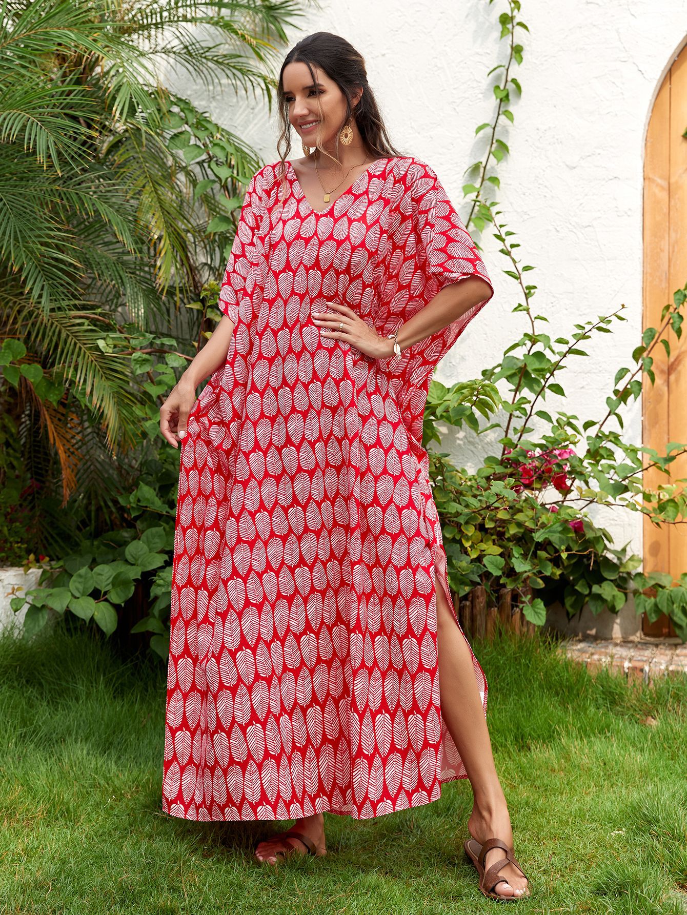 1D100 playa blusa nuevo delantero y trasero en V cuello suelto playa vacaciones falda bikini sol protección camisa transfronteriza