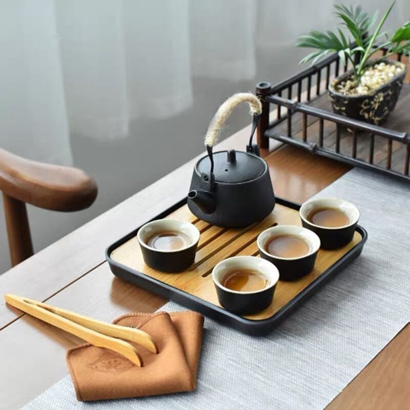 Small tea set with kung fu teacups, Japanese-style simple design for home use, suitable for living room and office, ceramic teapot with handle and tea tray