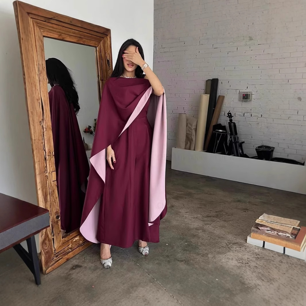 2024 Autumn European and American Amazon Cross-Border Satin Gown with Shawl 2-Piece Evening Dress