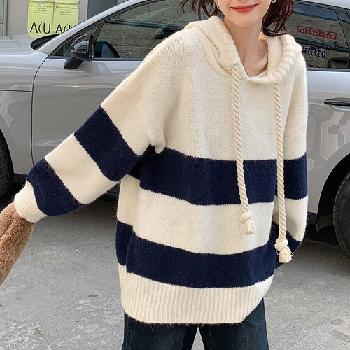 Korean Loose Color Block Striped Soft Velvet Hooded Cardigan Sweater for Women - Autumn/Winter Outwear Top - Versatile Knit Shirt