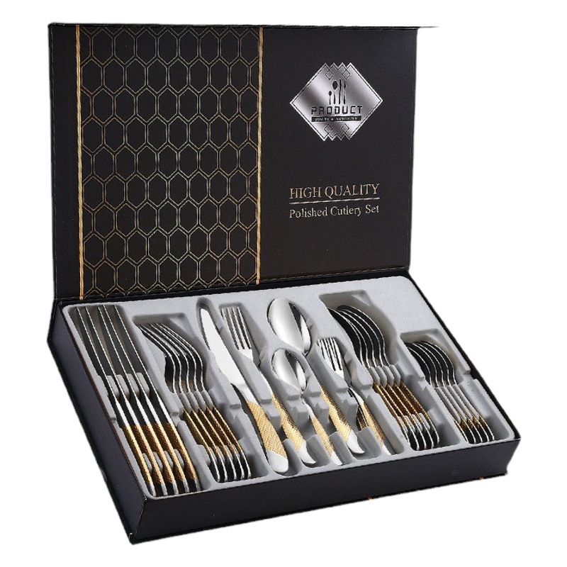 Amazon Tik Tok productos calientes vajilla de acero inoxidable 30 piezas traje estrella diamante cinco piezas principales cuchillo, tenedor y cuchara traje